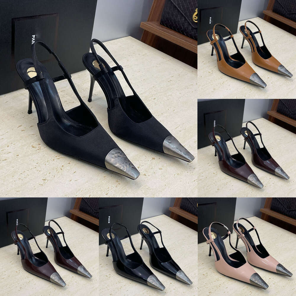 Autumn Designer Elasticized Slingback Strap Pumps high heel sandal Metal Cap Toe patent leather silk jelly colored back empty sandals fashionable Ladies Sandal