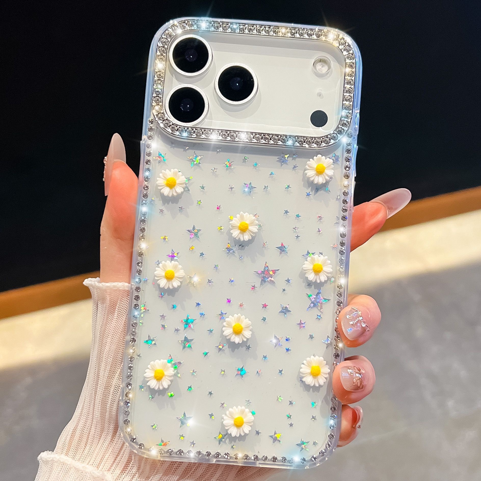 Small Daisy Phone Case iPhone 17 Pro Max Luxurious Sparkling Compatible Diamond Glitter Transparent Case with Apple 16/15/14 Pro