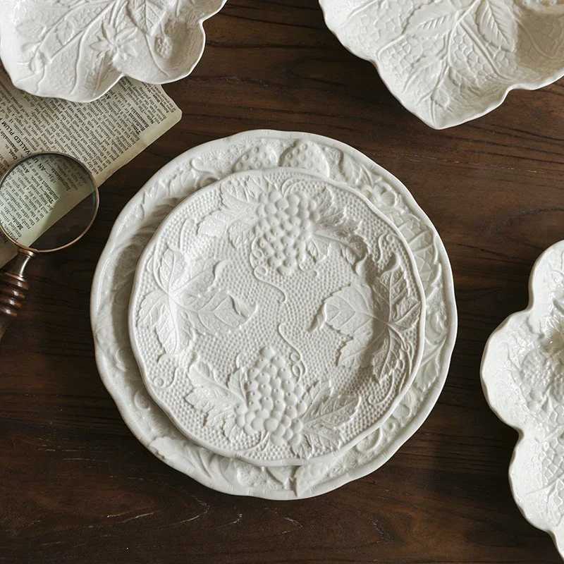 Luxury e White Flowers Dining Plate Retro French Style Ceramic Plates Light Luxury Household Salads Desserts Plate Tableware Y251129