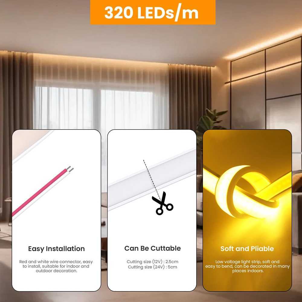 12V 24V COB LED Neon Strip Light IP68 Waterproof 320LEDs/m with 2PIN Wire DC Plug 3000K 4000K 6000K Flexible Tape Home Lighting M251129