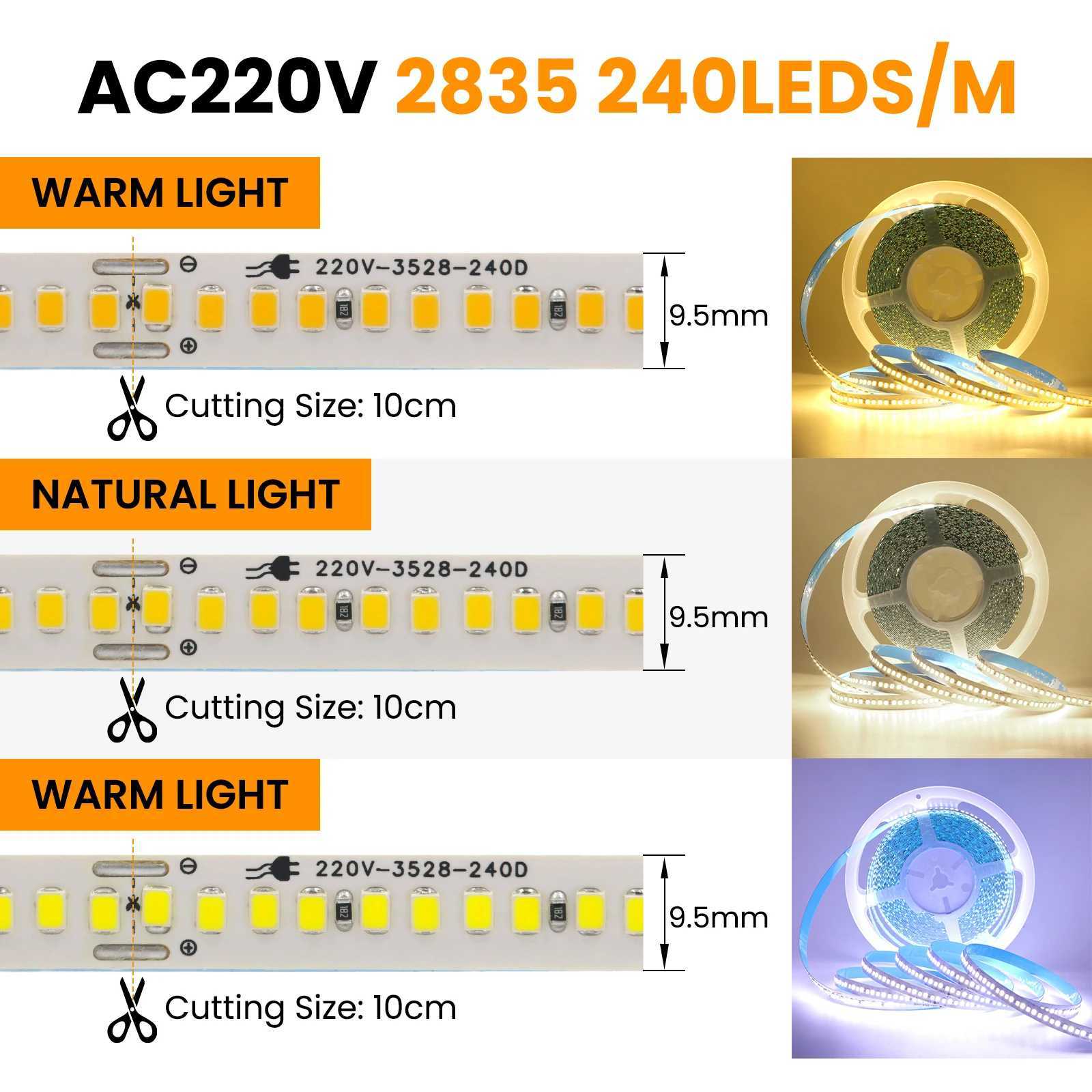 AC 220V 110V LED Strip 240Leds/M IP44 10CM Cut Home Decor Warm/Natural White Self Adhesive Flexible Ribbon Stripe Chain Light M251129