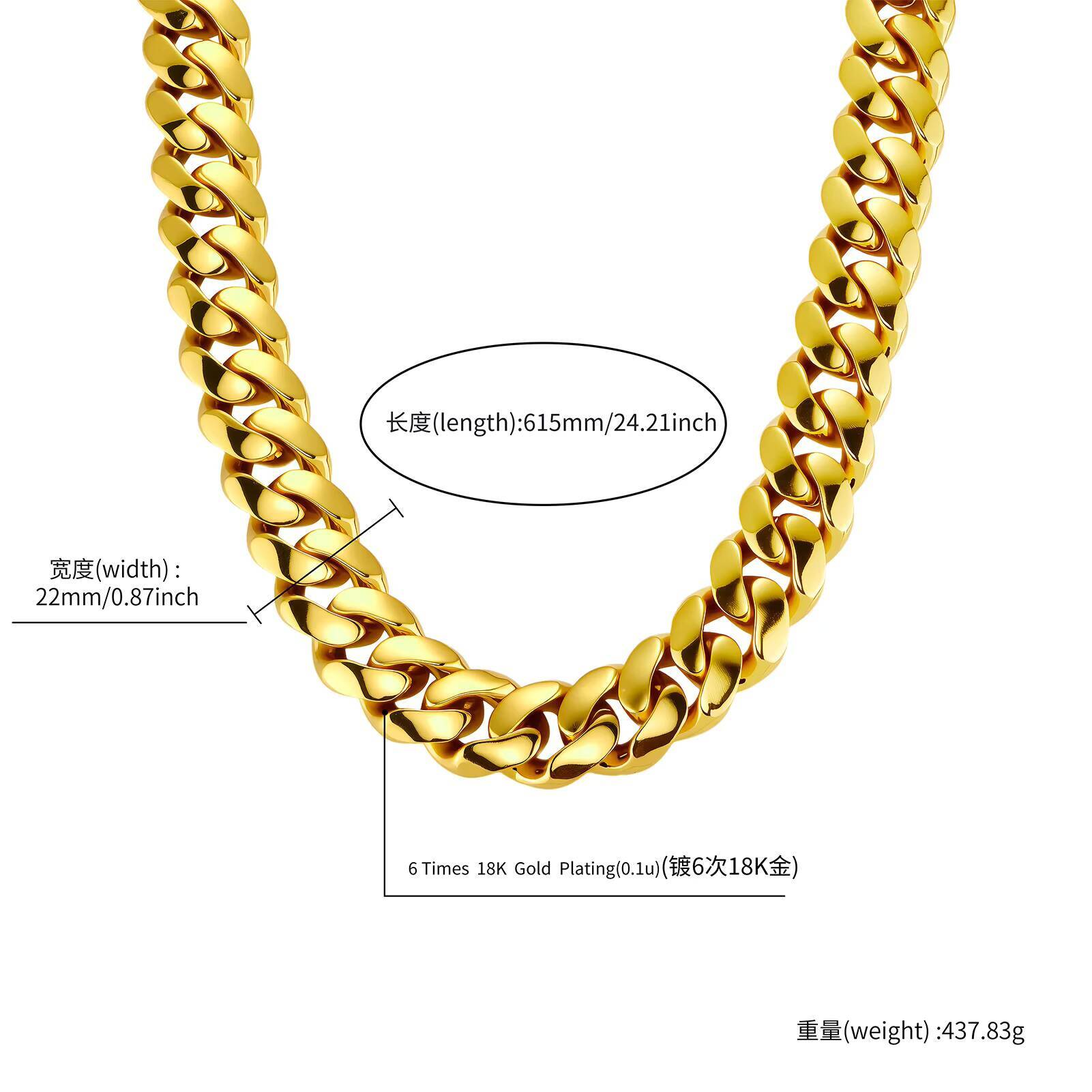 Cross-border Europe And America 20mm Copper-plated 24k Gold Color-preserving Cuban Chain Mens Personalized Necklace W