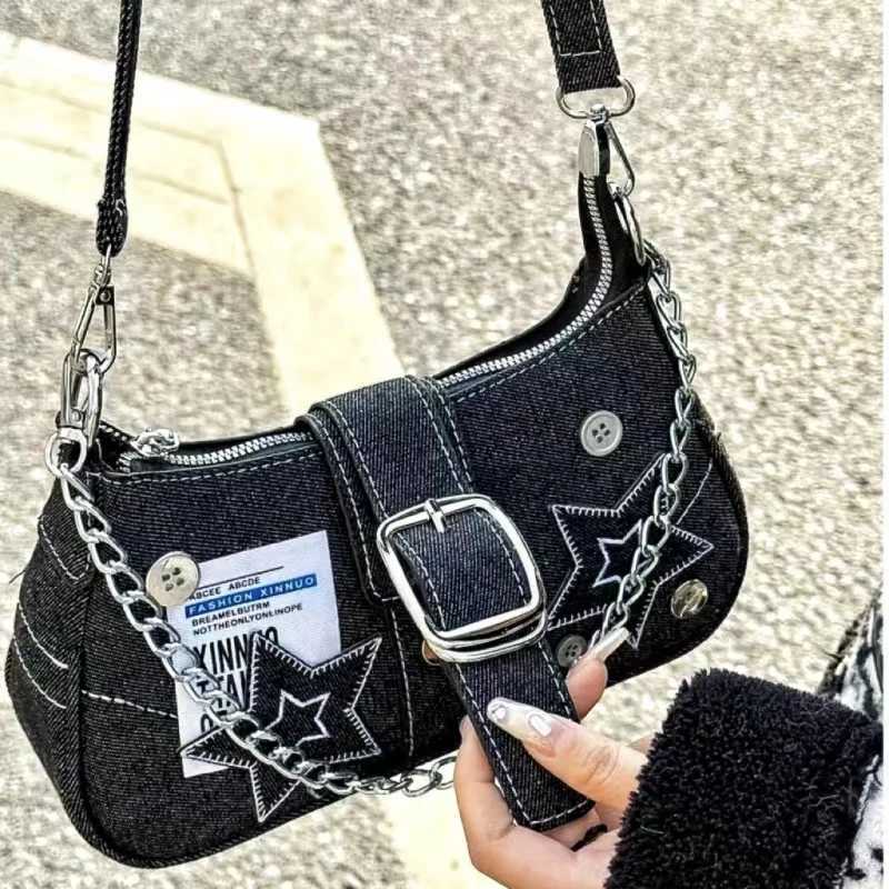 Y2k Fashion Womens Handbags Stars Pattern Cool Girls Underarm Bag Vintage Canvas Female Small Shoulder Bags Chain Tote PursesXJ250512