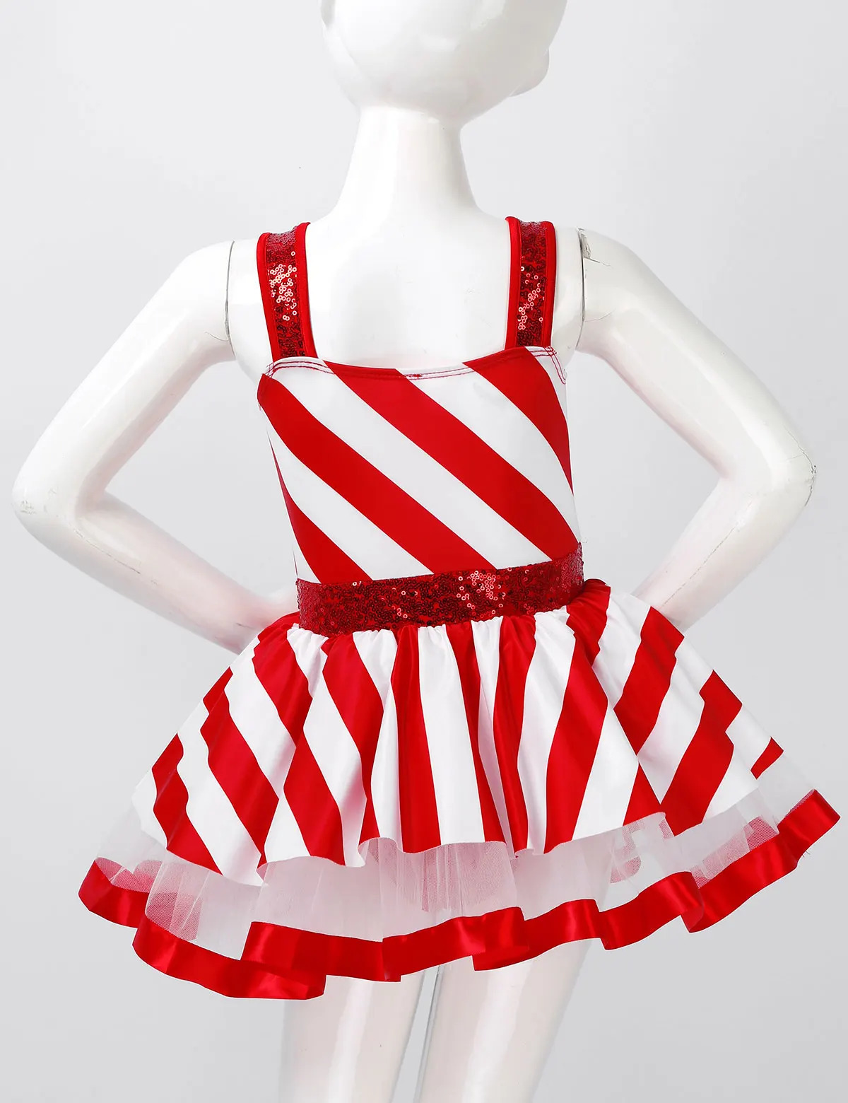Kids Girls Candy Cane Mrs Santa Claus Costume Shiny Sequins Christmas Dance Figure Ice Skating Tutu Dress Leotard Dancewear 251128