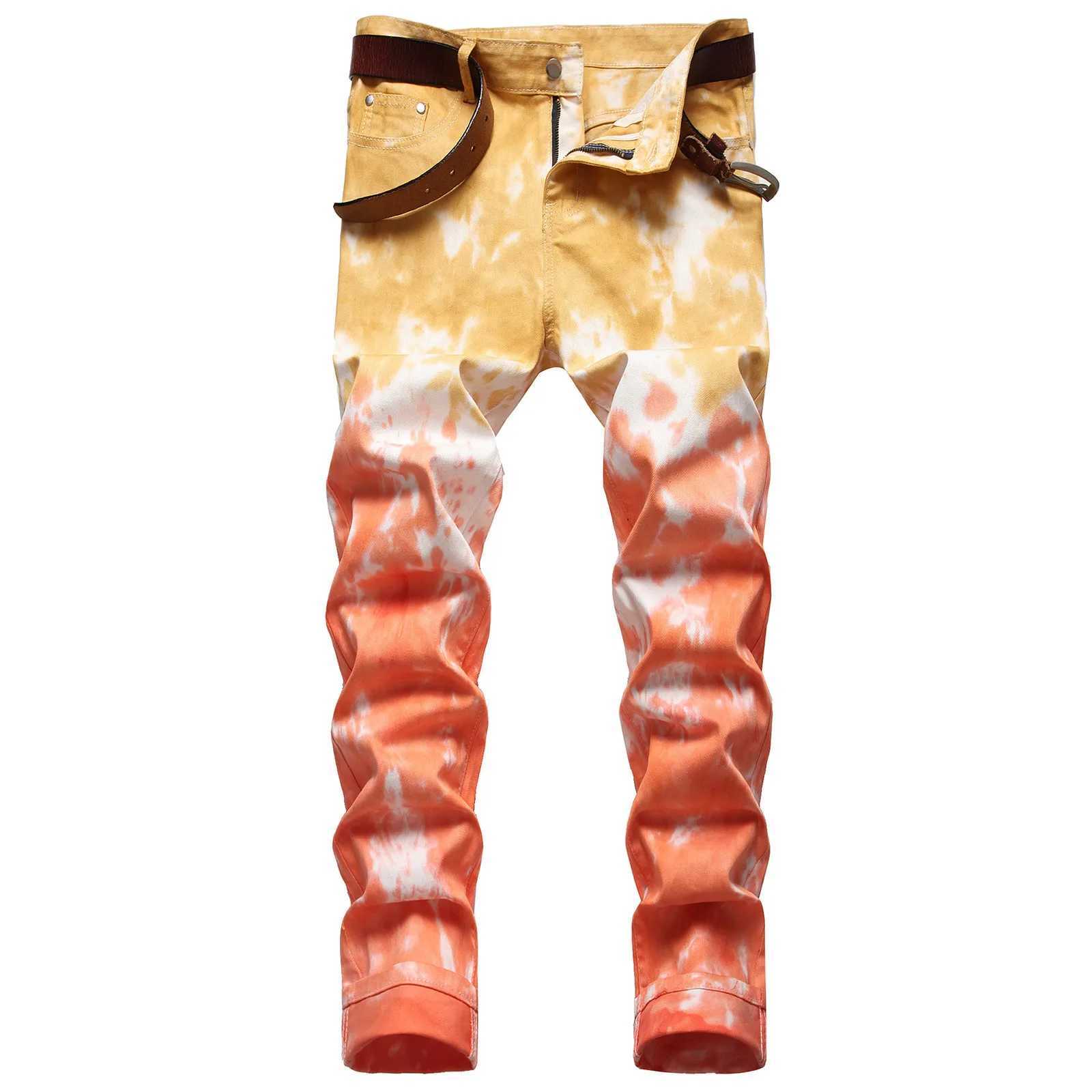 Mens casual mid waist tight jeans gradient printed zipper flying pocket pencil pants Trouser Pantnes Hombre w250429