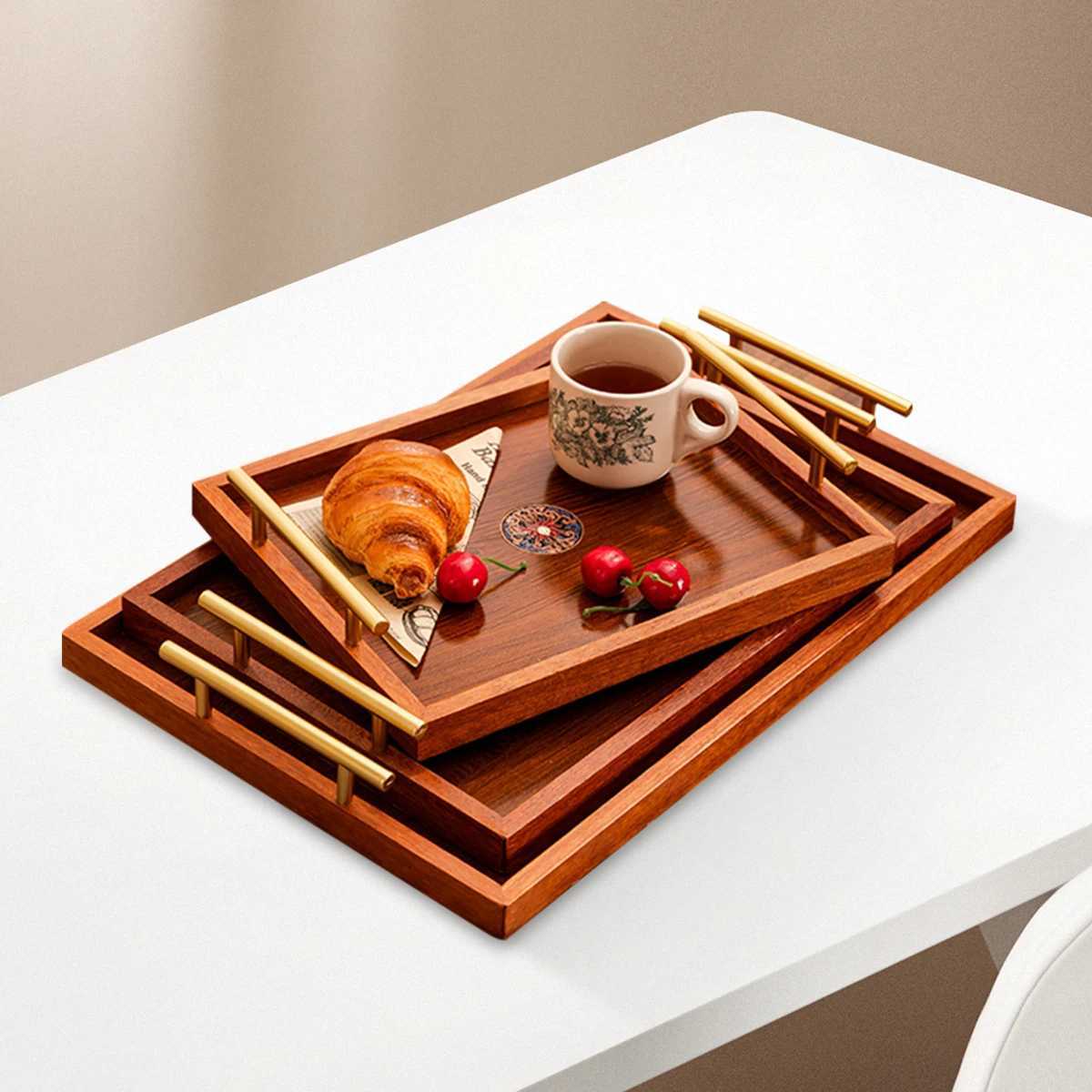 Wooden Serving Tray Set of 3 with Metal Handles - Multi-functional Breakfast Party Storage Platters Brown Y251129