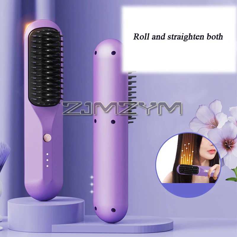 2-in-1 Wireless Rechargeable Straightener Portable Negative Ion Curling And Straightening Comb Hair Styling ApplianceT251129
