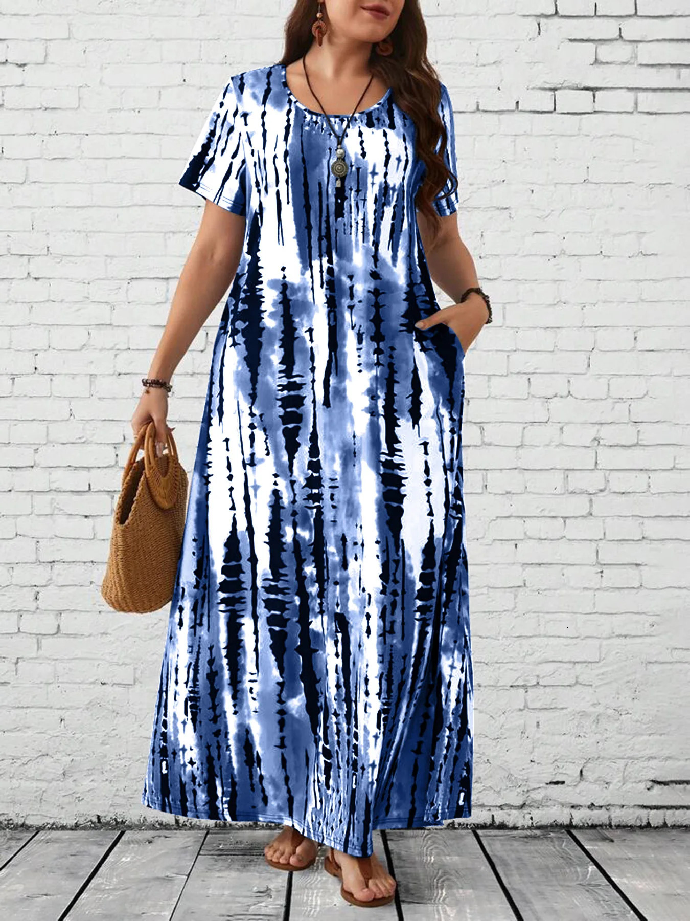 Summer womens casual round neck tie dye printed long skirt plus size dress 250420