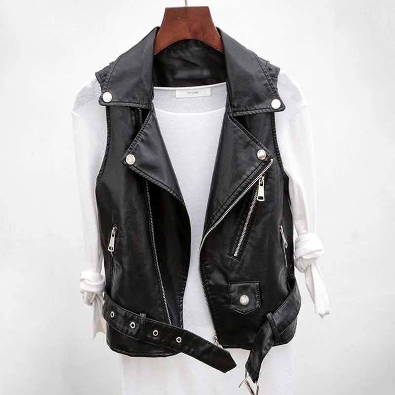 Autumn New Leather Vest Womens Short Sleeveless Leather Jacket PU Shoulder Cut Small Belt Leather JacketT251129