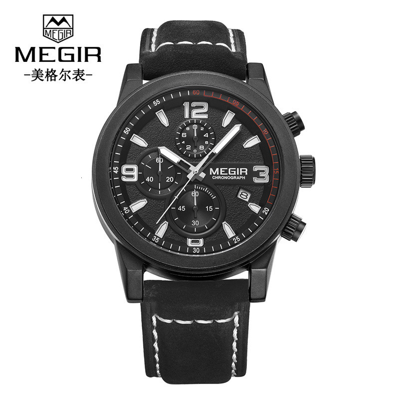 MEGIR Designer Business True Three-eye Chronograph Calendar Luminous Waterproof Sports Men's Leather Strap Watch Men's Luxury Wristwatch Fre