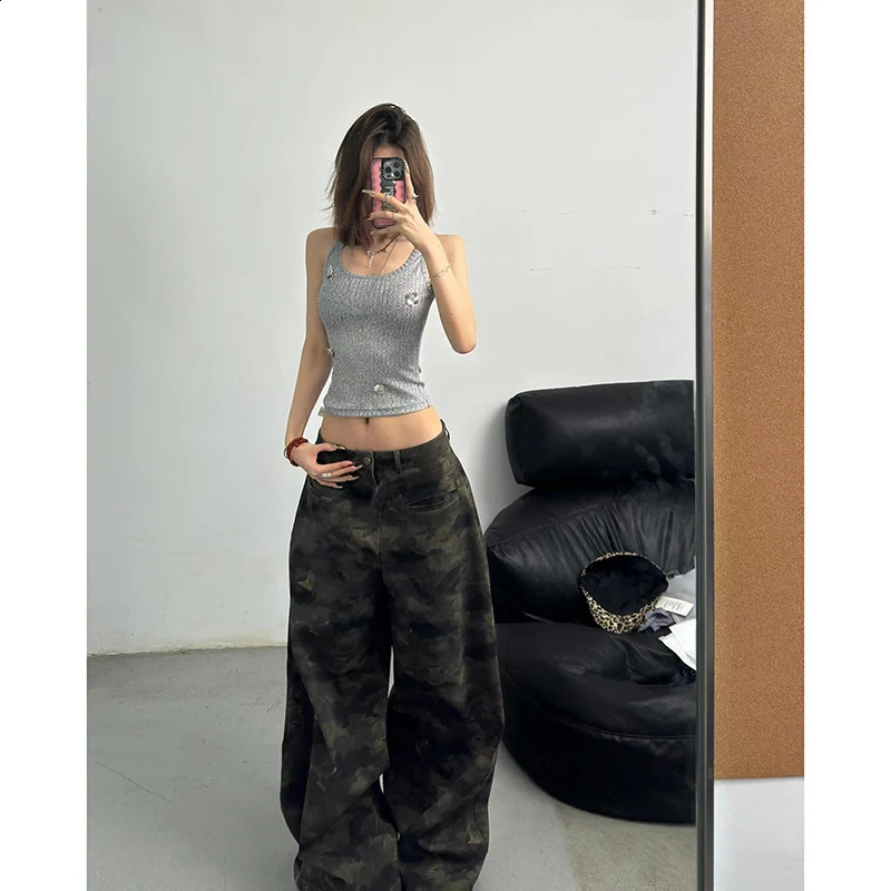 Autumn Womens Jeans High Waist Bag Casual Retro Y2K Camouflage Straight Pants American Wide Leg Cowboy Trouser Z260314