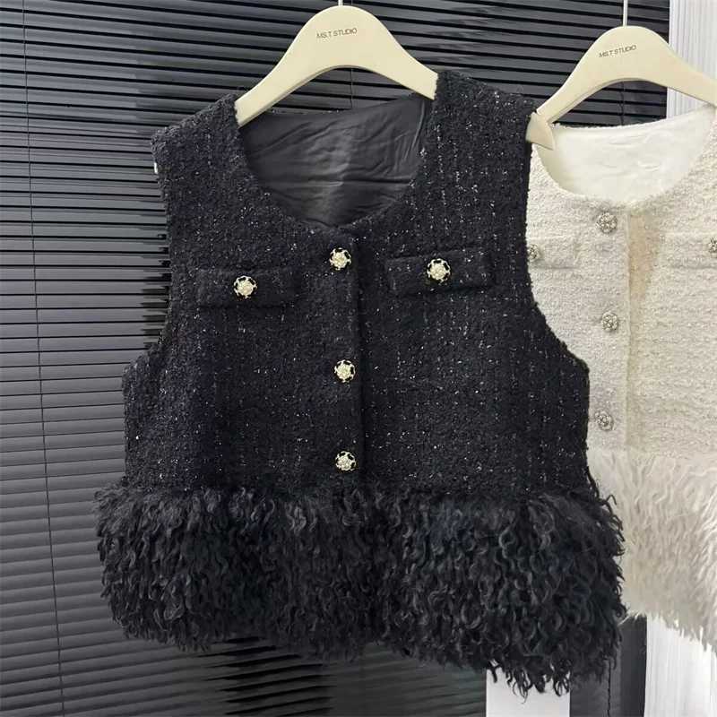 New Outerwear Womens Jackets Women Vest Fashion Single-Breasted Tweed Mosaic Tassel Vest Womens Autumn and Winter Vest CoatT251129