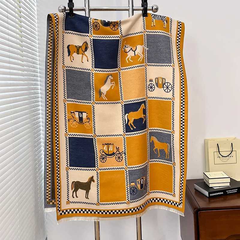 Luxury Warm Poncho Cashmere Winter Women Scarf Horse Print Shawl Wraps Female Thick Blanket Bufanda Travel Echarpe 2024J251129