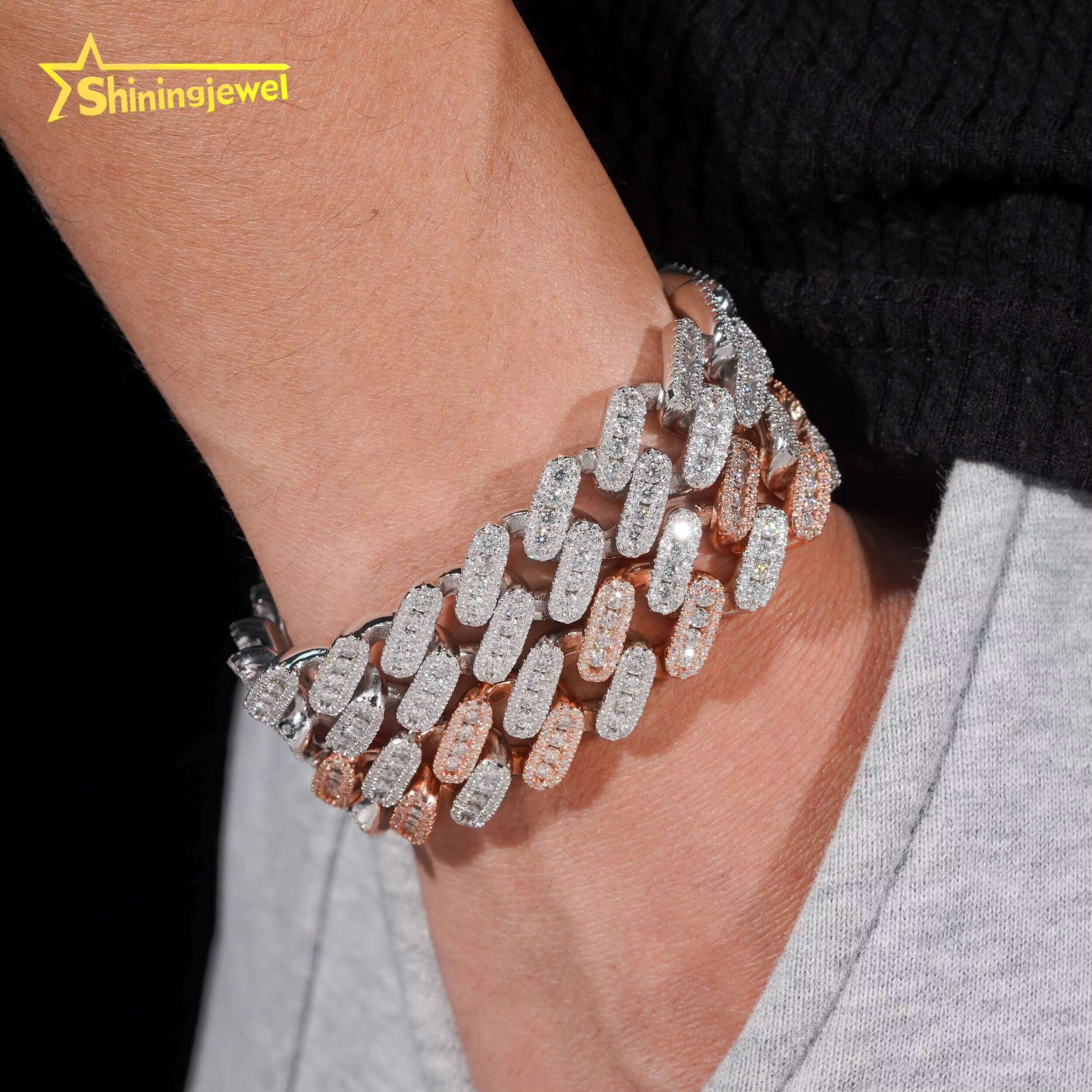 Luxury 15mm Moissanite Cuban Bracelet 2 Tone for Men Women 925 Silver Anniversary Gift Elegant Birthday Present in Velvet Box