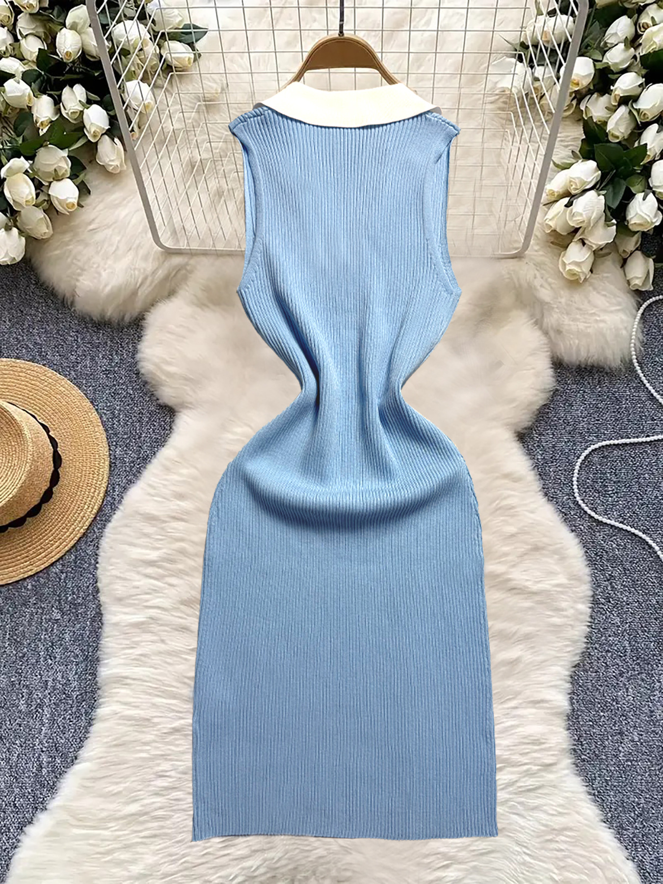 K27Summer new slim dress women's French style niche temperament sleeveless slim fit knitted dress