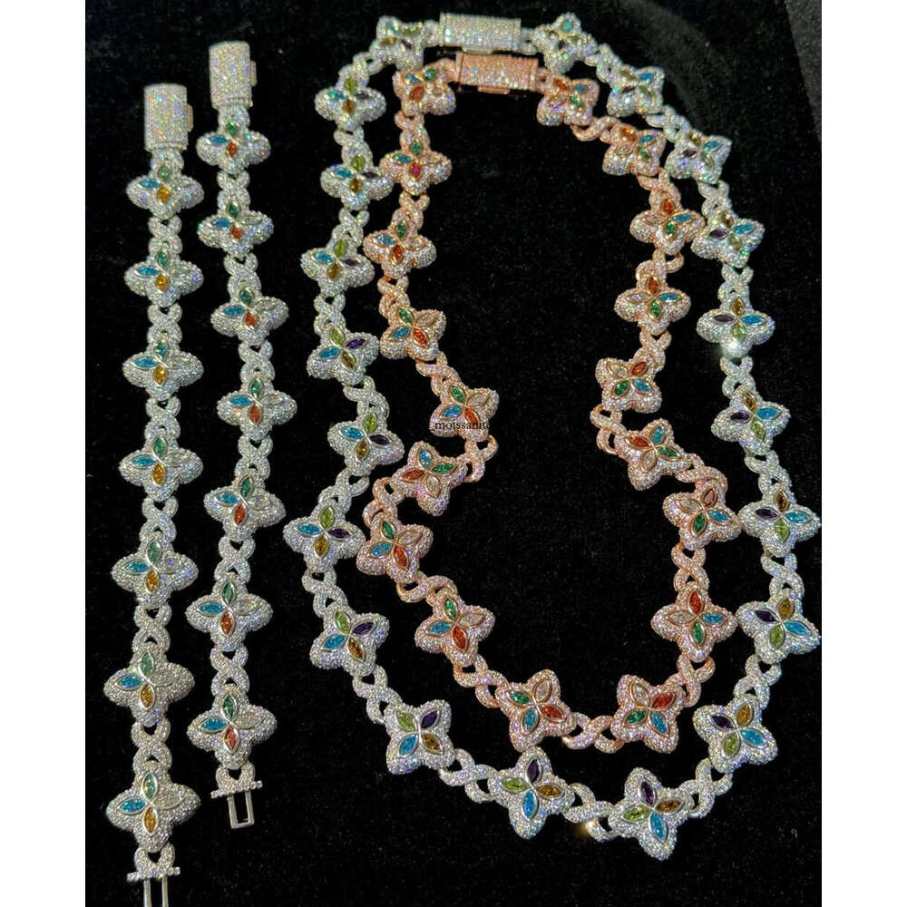 VVS Moissanite Yu Ying Custom Marquise Cut Fancy Color Silicon Stone Real Gold Plated S925 Silver Cuban Chain Necklace Hip Hop Jewelry