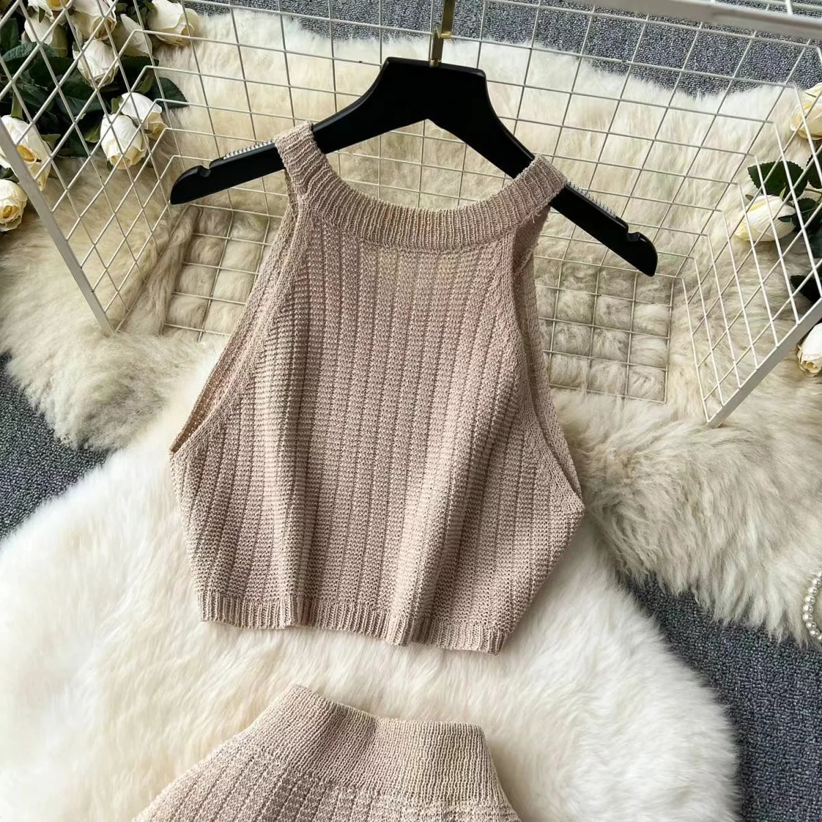 Knitted Solid Color Tank Top Texture Splicing Dress Womens Beach Sunscreen Dress Hollow Beach Dress 250423