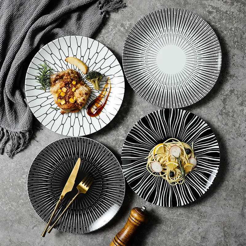 Luxury Black White Stripe Ceramic Dinner Steak Plate Porcelain Pasta Salad Snacks Dishes Wedding Gift Round Kitchen Tableware 10 Inch Y251129
