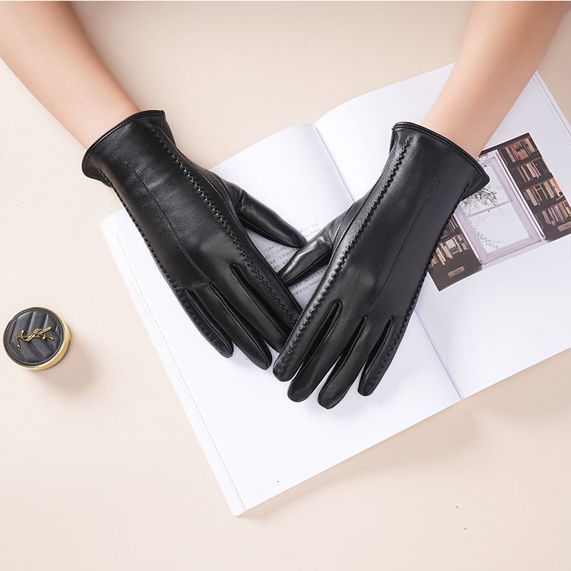 Womens sheepskin gloves winter warm plus velvet short thin touch screen driving color womens leather gloves 251112