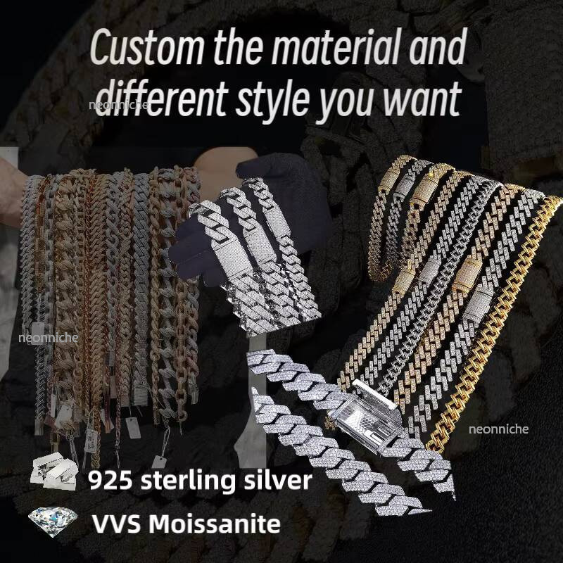 Hiphop 20mm 4 Rows Borderless Sier Iced Out Buss Down Miami Moissanite Cuban Chain