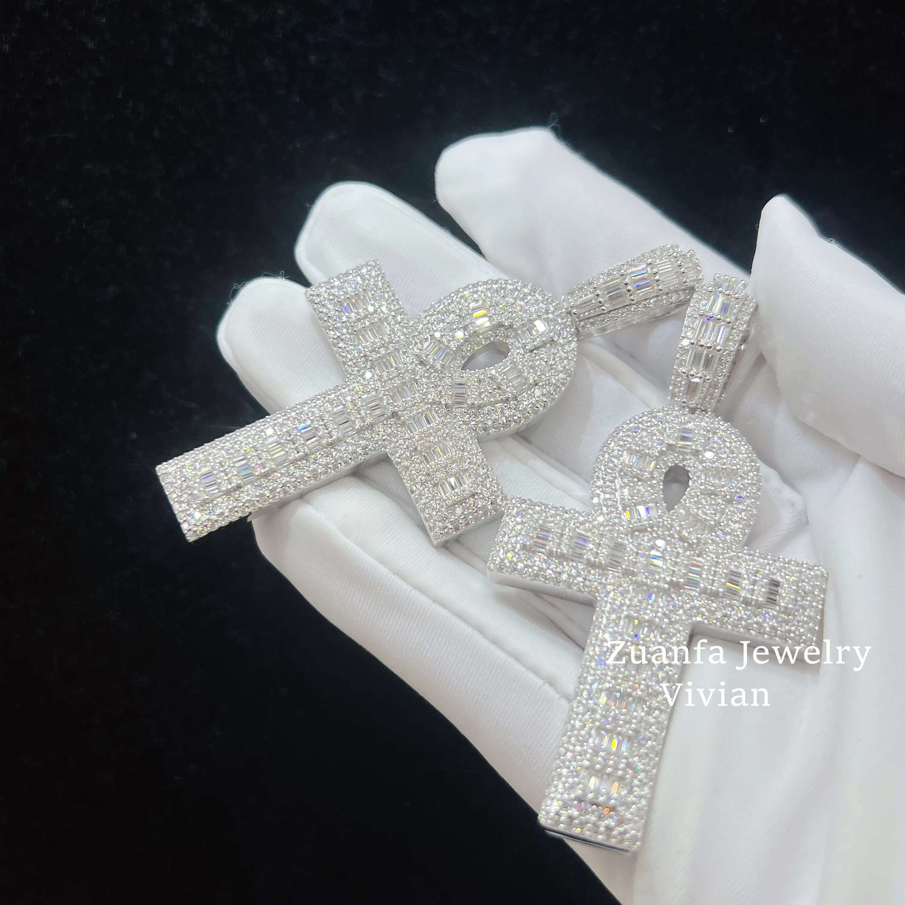 Fine Jewelry Silver 925 Iced Out Hip Hop Rapper Jewelry Men Moissanite Diamond Ankh Cross Pendant