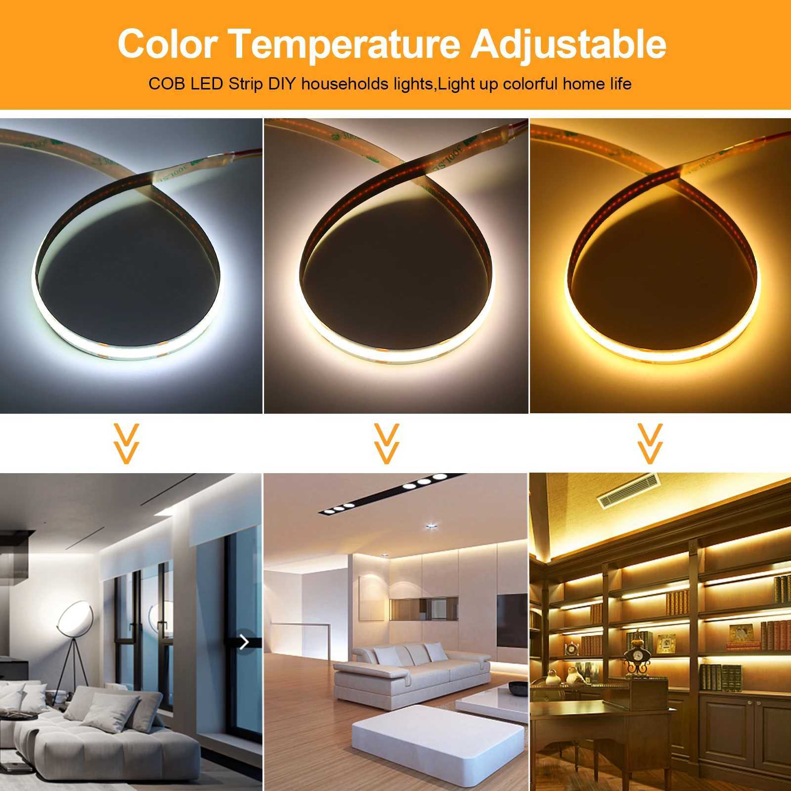 CCT COB LED Strip Lights 608LEDs/m High Density Double Color RA90 Dimmable Led Tape 2700K to 6500K Changing 10mm Width DC12V 24V M251129