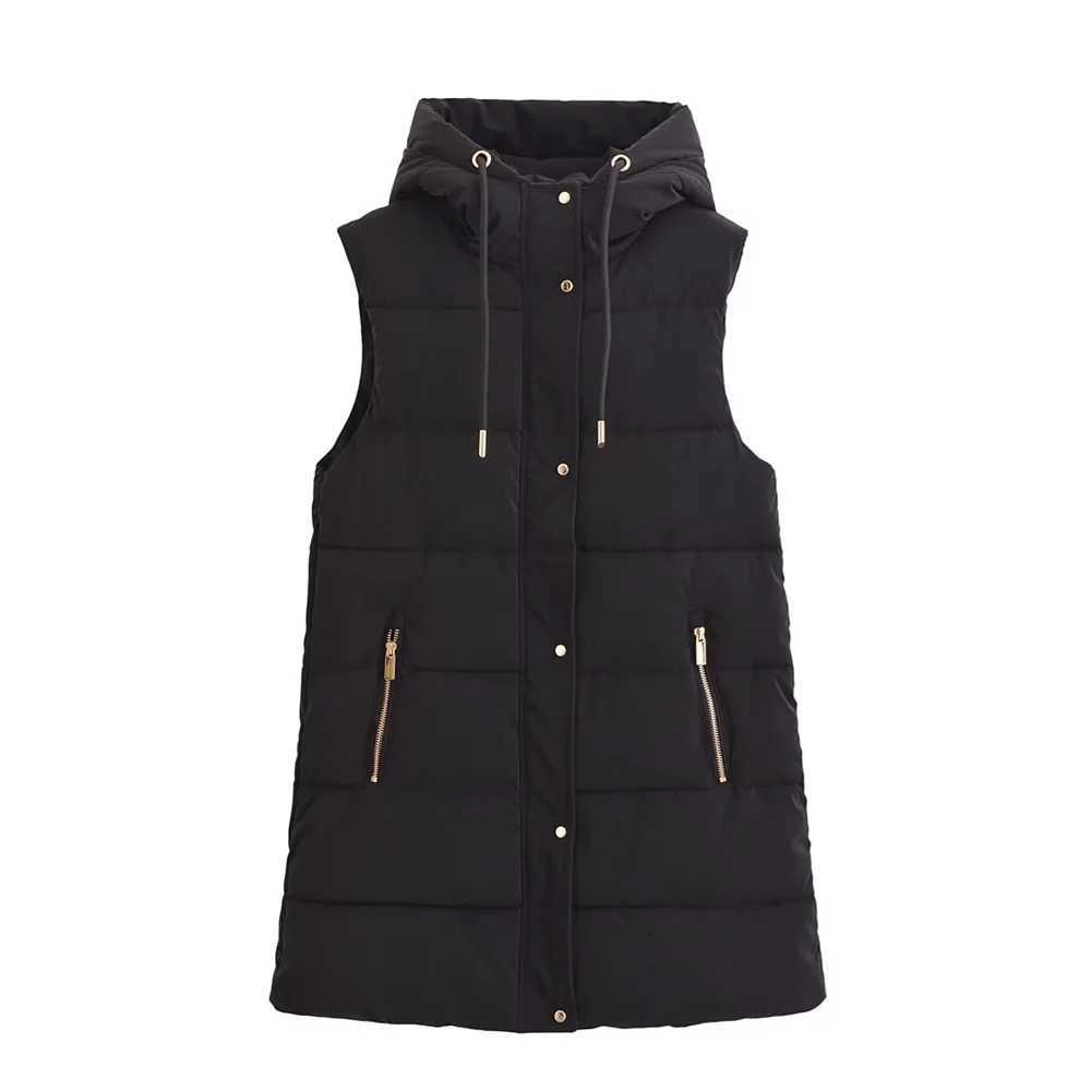 Autumn new womens fashionable versatile commuting temperament zipper decoration hooded cotton jacket vest jacketT251129