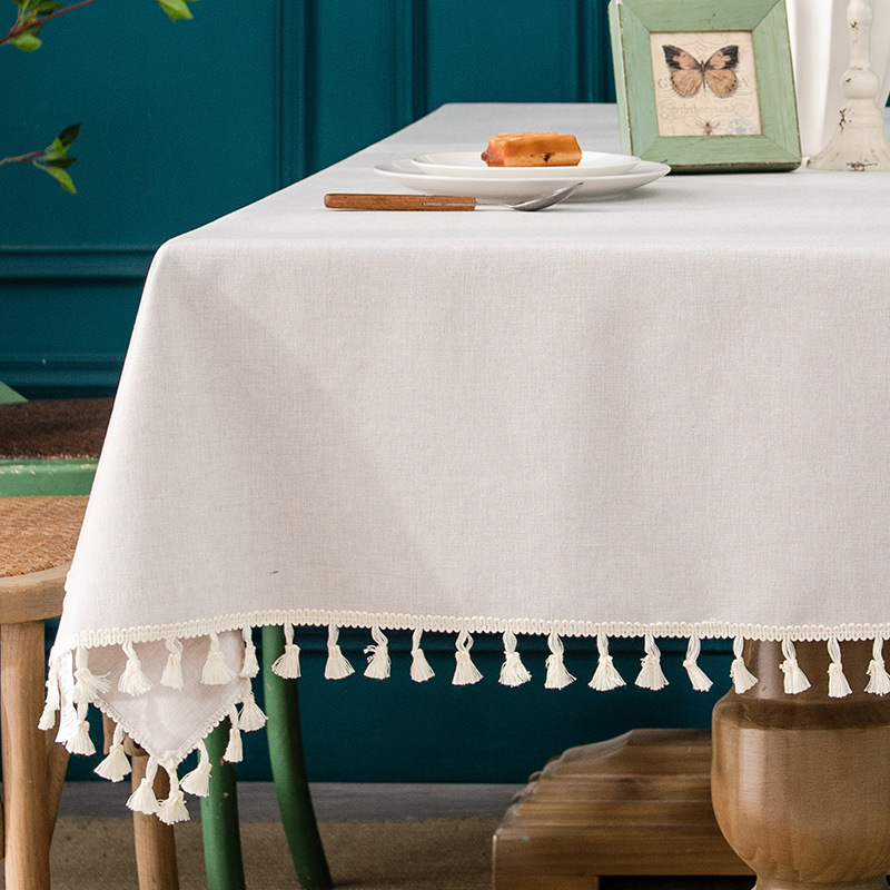 B427 cotton and linen tablecloth waterproof and oil-proof washable solid color dining cloth restaurant coffee table rectangular tassel tablecloth