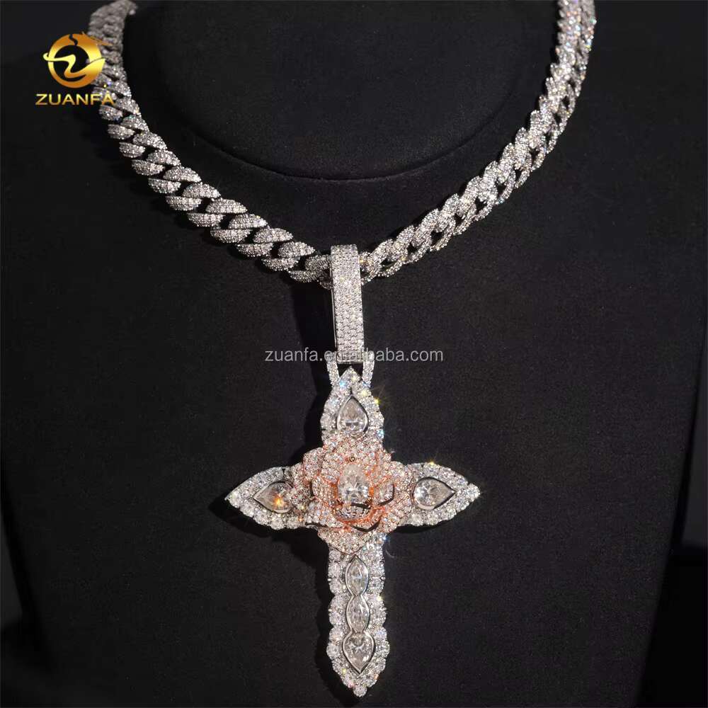 Cusrtomized Fashion Man Jewelry Rose+White Gold Color Hip Hop Pendant S925 VVS1 Moissanite Diamond Rose Flower Cross Pendant