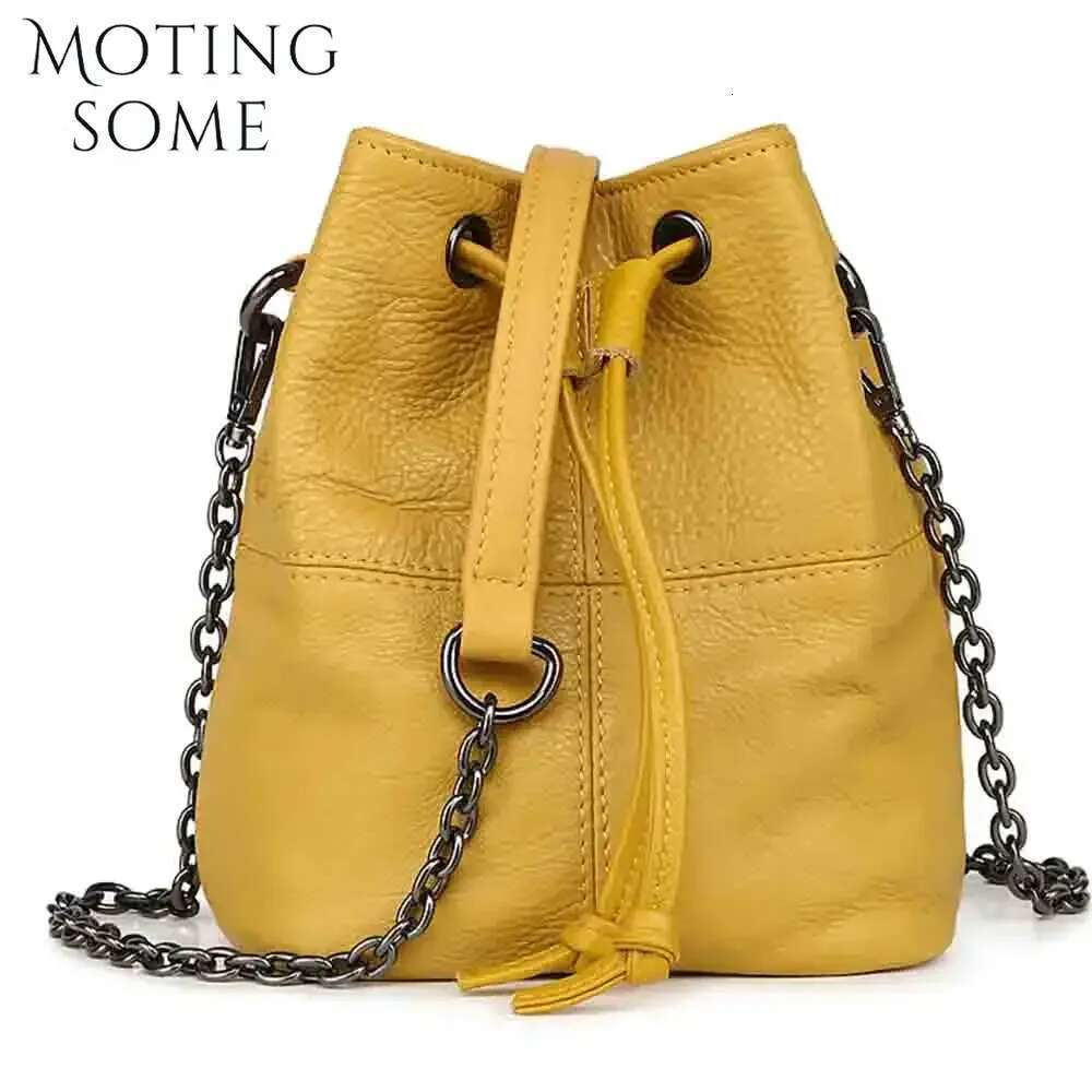 Motingsome Samll Bucket Bag For Women 100% Natural Leather Handbag Chains Shoulder Purses Female Mini Pouch Yellow New In 2024