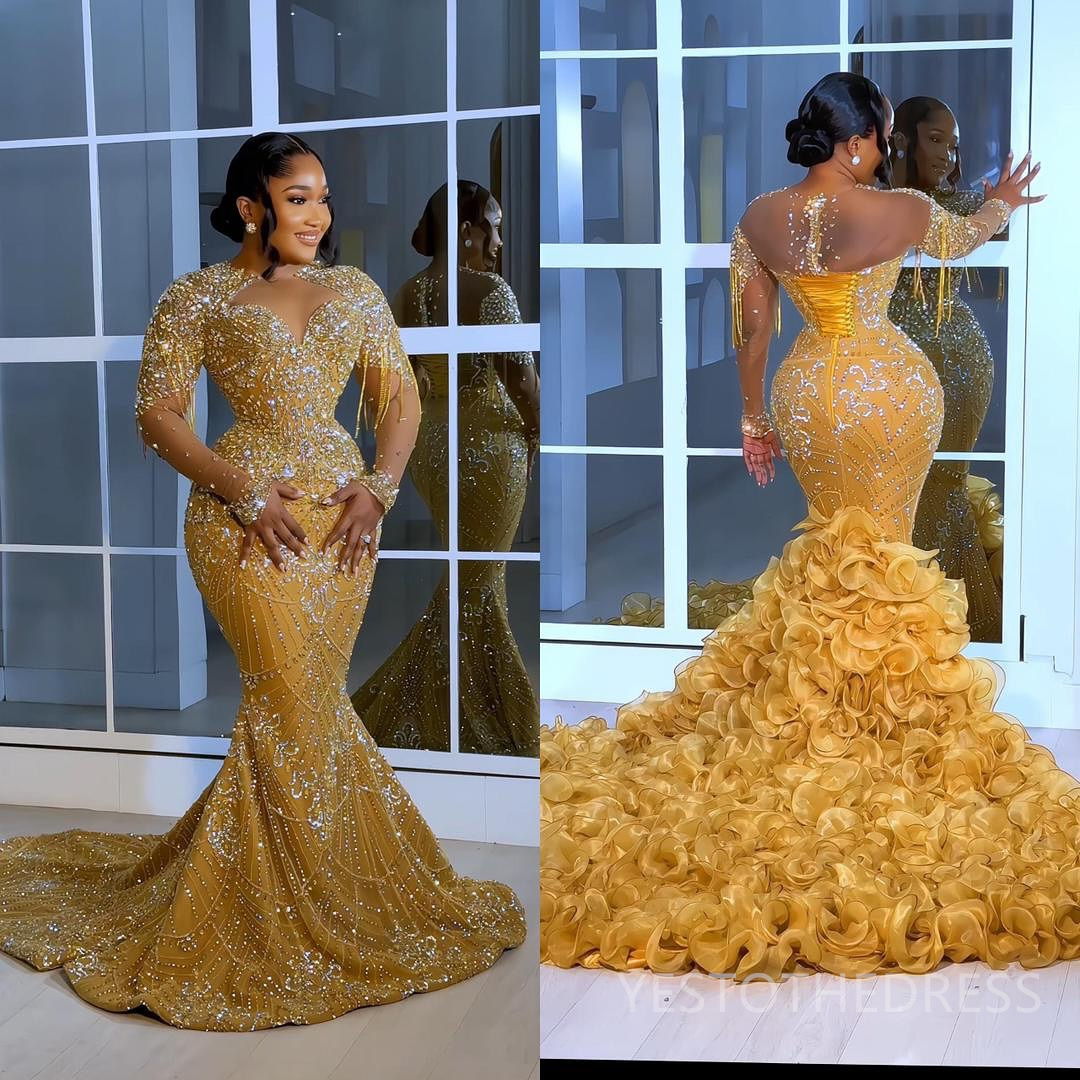 Plus Size Gold Prom Dress 2026 Evening Dresses For Special Occasion Beaded Lace Crystals Sheer Neck Tassel Illusion Birthday Dress Second Reception Go