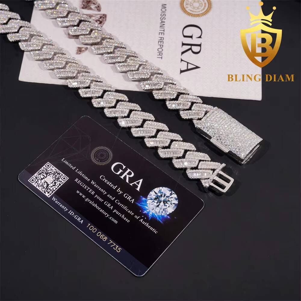 Hot Sale 18mm Mens Iced Out Miami Hip Hop Chain Necklace 925 Sterling Silver Cubic Moissanite Baguette Cut Cuban Link Chain GRA