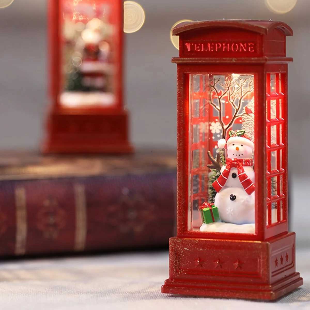 Christmas Phone Booth Decoration with Santa Claus Snowman Tree - Red Retro Telephone Booth Ornament With Light He Decorator H251129