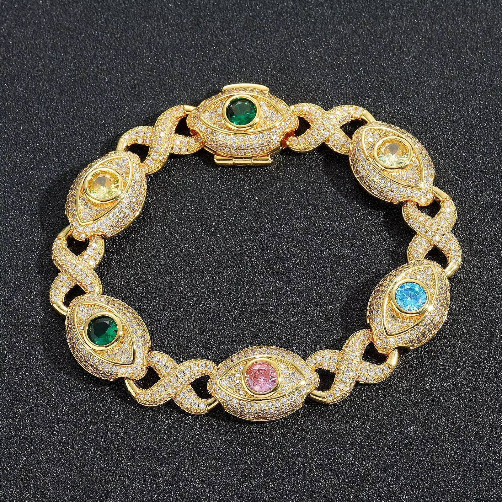 Iced Micro Paved Cubic Zirconia Bracelet Big Eyes Infinity Link Chain with Gold Plating Hip Hop Style Jewelry for Men Women