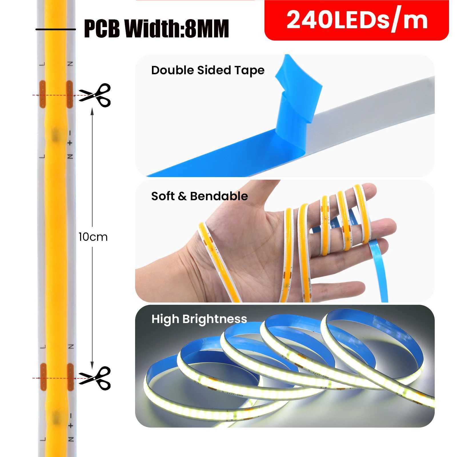 AC 110V 220V COB Strip With EU/US Plug 240Leds/M 5M 10M 15M 20M 3000K 4000K 6000K IP20 Flexible Ribbon LED Light For Home Decor M251129