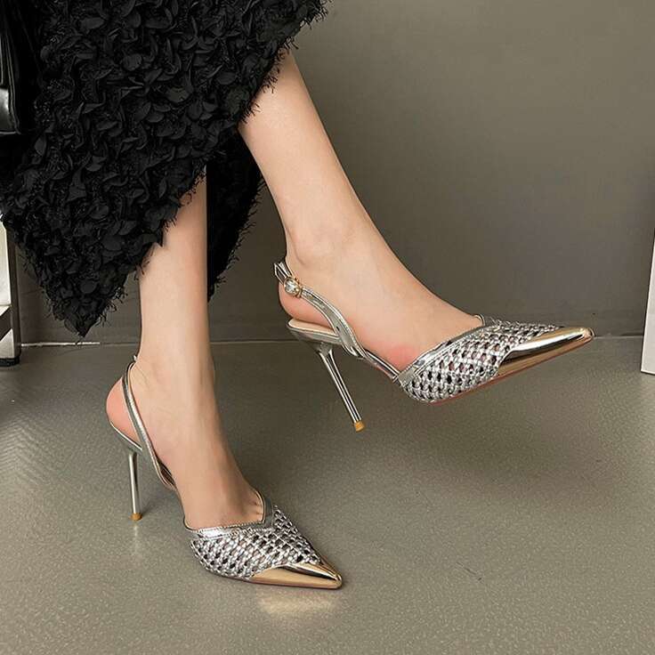 Fashion Hollow Woven Designer Shoe Heel Sandals for Women Pointed Toe One-Strap sling back Heels