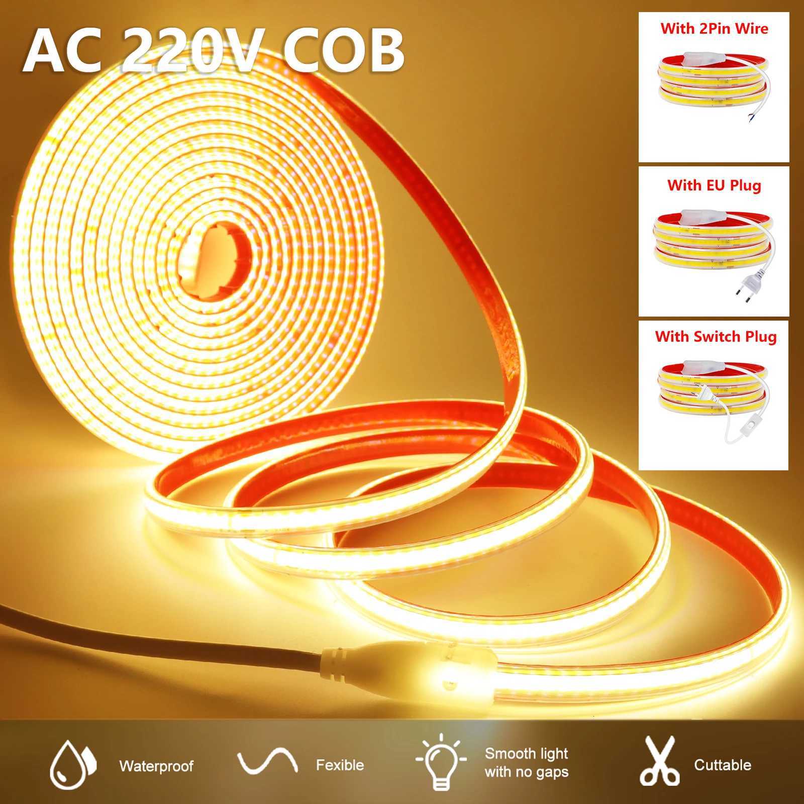 220V COB LED Strip Waterproof 05m 5m 10m 20m 40m Adhesive LED Strip with IC High Bright 240LEDs/m Flexible Tape Linear Lighting M251129