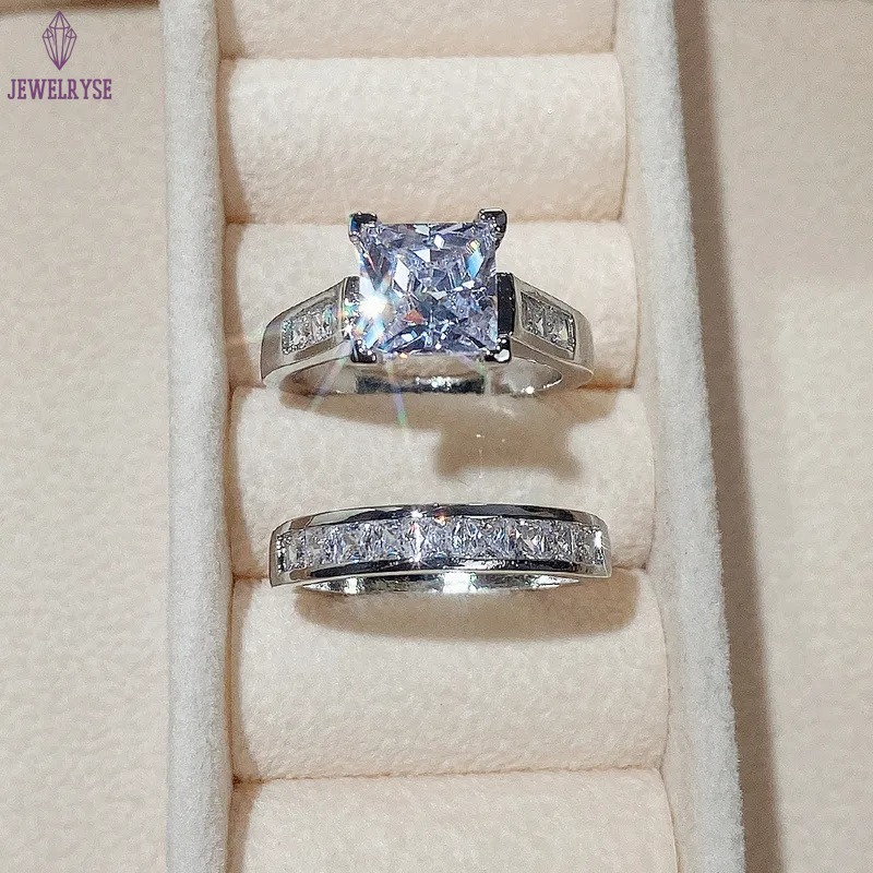 Handmade Sparkling Wedding Rings Luxury Jewelry 925 Sterling Silver Princess Cut White Topaz CZ Diamond Gemstones Party Eternity Women Bridal Ring Set