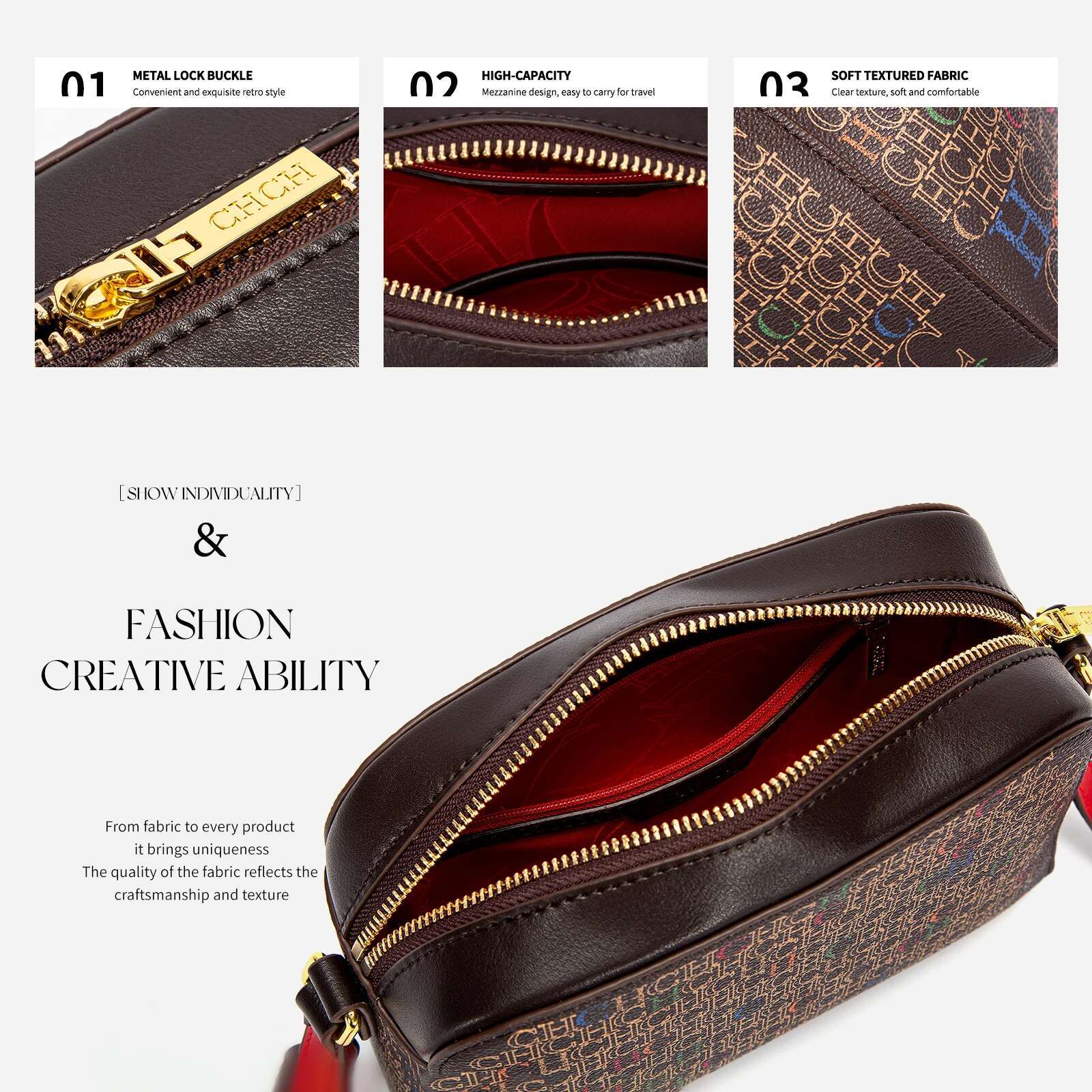 CHCH Shoulder New Small Square Classic Coffee Color Letter Printed Business Women's Bag