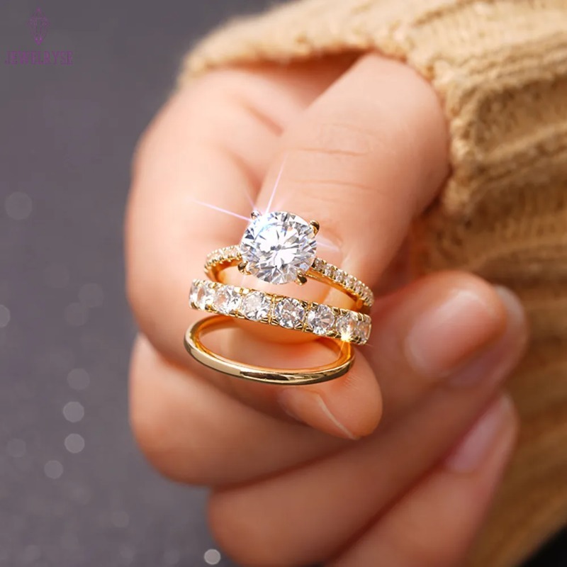 3PCS Wedding Rings Elegant Vintage Jewelry 10KT Gold Fill Round Cut White Cubic Zircon CZ Diamond Gemstones Party Eternity Women Bridal Ring Set Gift