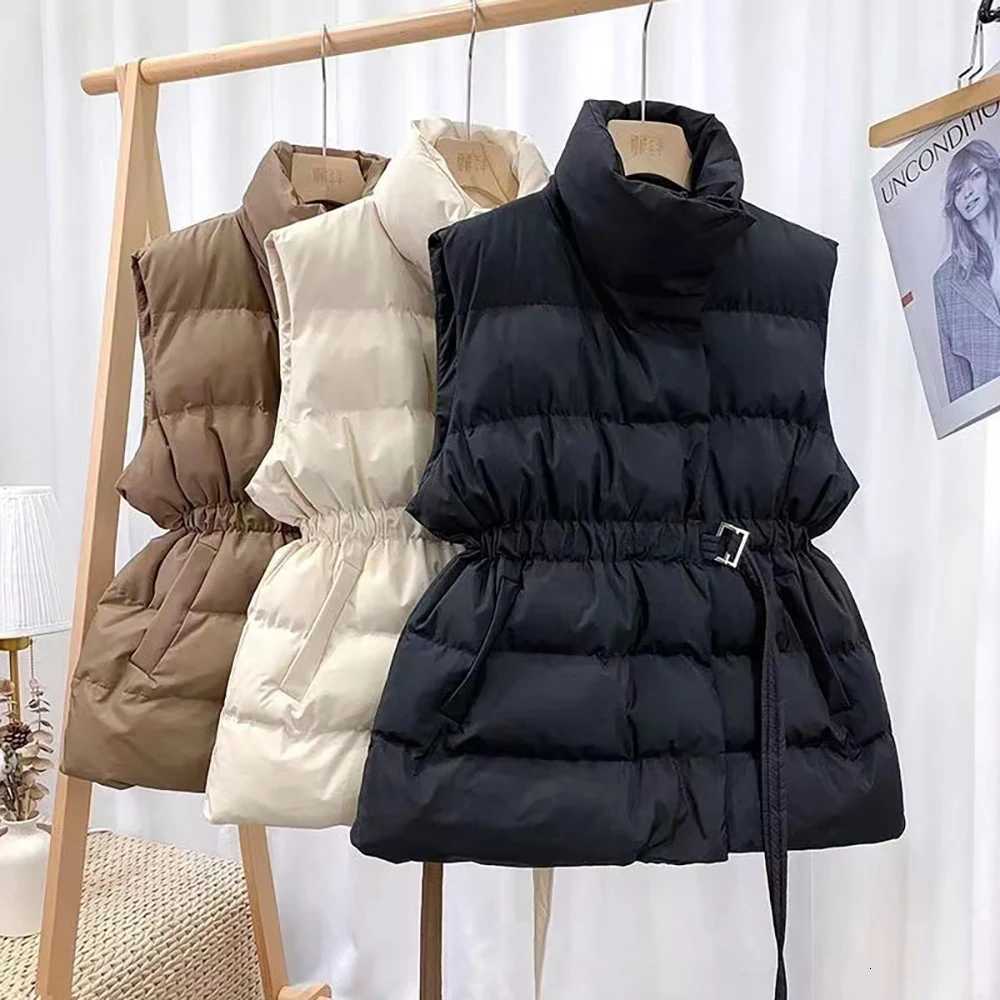 Women Cotton Padded Wasitcoat Elastic Waist Belt Slim Sleeveless Jackets Fall Winter Thick Warm Stand Collar Quilted Jacket VestT251129