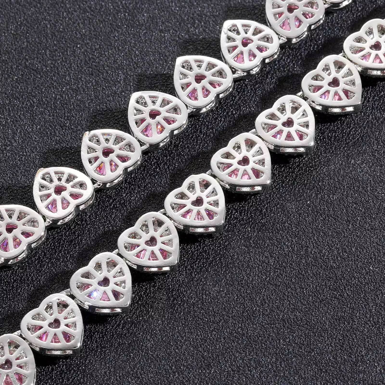 High Quality 10mm Iced Pink Heart Shaped Tennis Chain Necklace Shiny Pink Moissanite Fine Jewelry Hip Hop Style for Party Gift