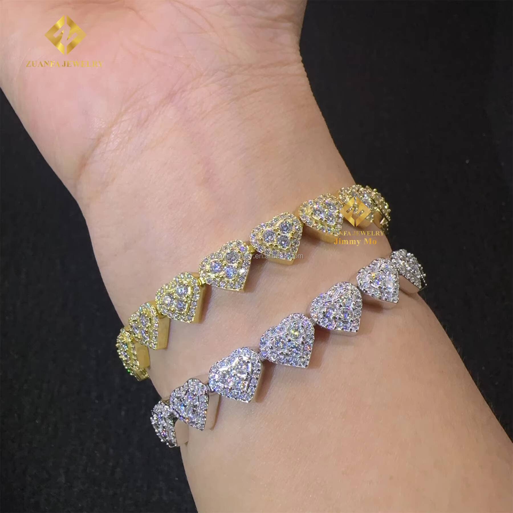 Drop Shipping in Stock Shining Jewelry Elegant 925 Sterling Silver 8mm Hip Hop Iced Out Moissanite Diamond Heart Cuban Bracelet