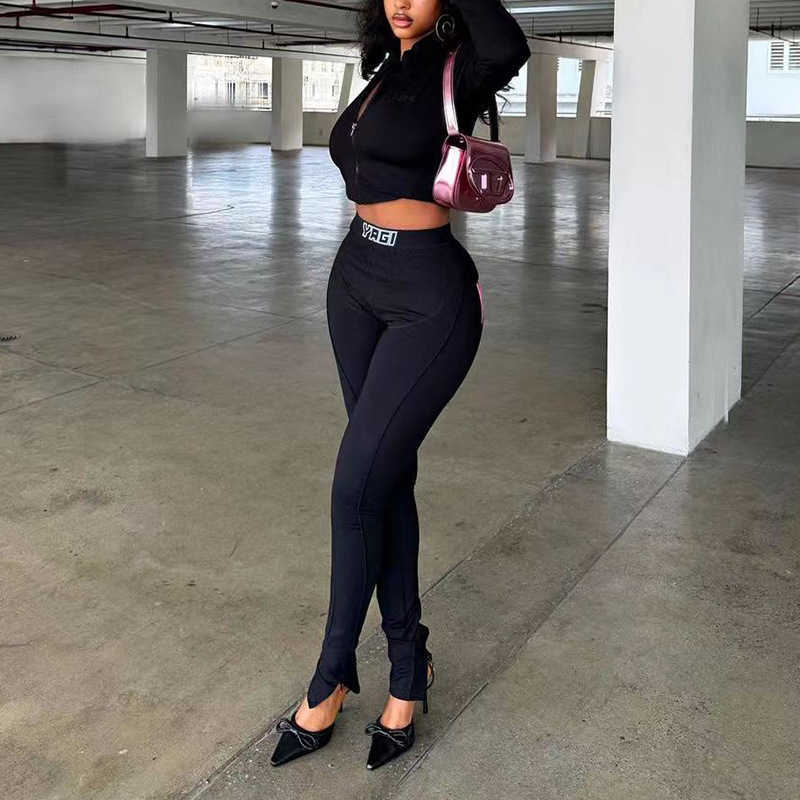 Women's Two Piece Pants Long-sleeved knitted zipper-up jacket and tight-fitting trousers two-piece set for women T250429