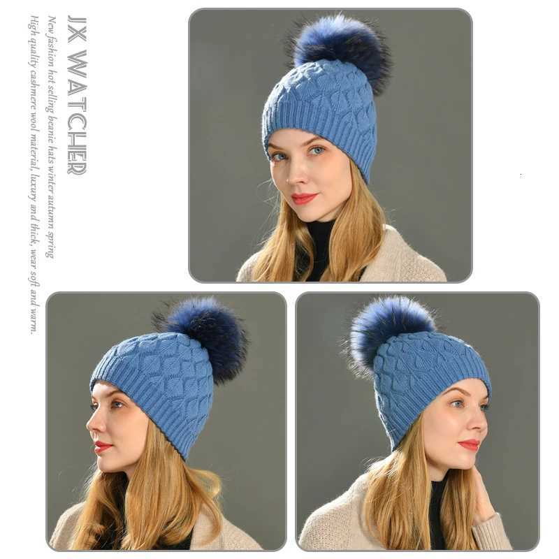 Jxwatcher Women Winter Hat Real Fur Pompom Angora Knitted Wool Beanie Fashion Casual Outdoor Thick Ladies Warm Fur Ball Hats NewXJ251129