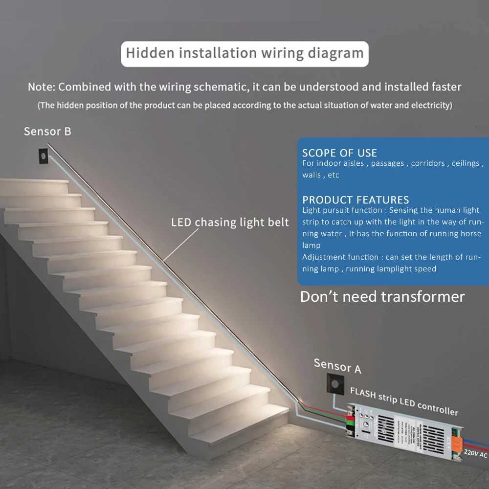5M 10M 15M WS2811 COB Running Water Strip Light for 24V 400W PIR Motion Sensor LED Stair Controller Staircase Lighting Decor M251129