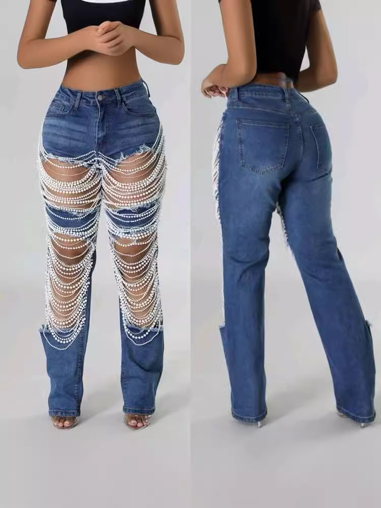 CNLONGBIDA Women's Jeans Big Hole Jeans Women's Chain Bead Chain Hanging Accessories Straight Leg Pants