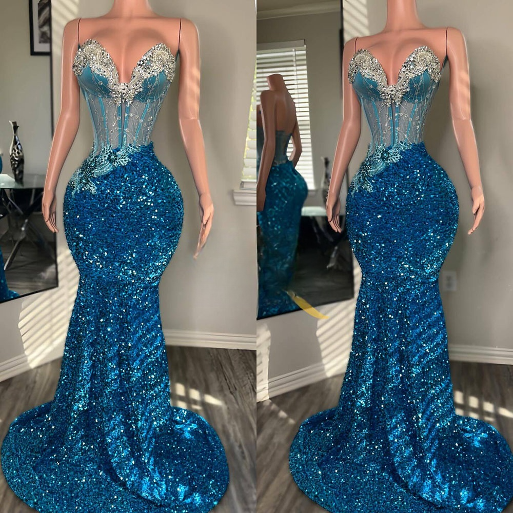 Sparkly Sequin Prom Dresses Crystal Long Mermaid Party Dress African Girls Luxurious Evening Gowns 2025 Customized