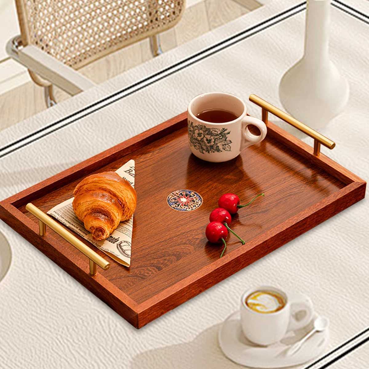 Wooden Serving Tray Set of 3 with Metal Handles - Multi-functional Breakfast Party Storage Platters Brown Y251129