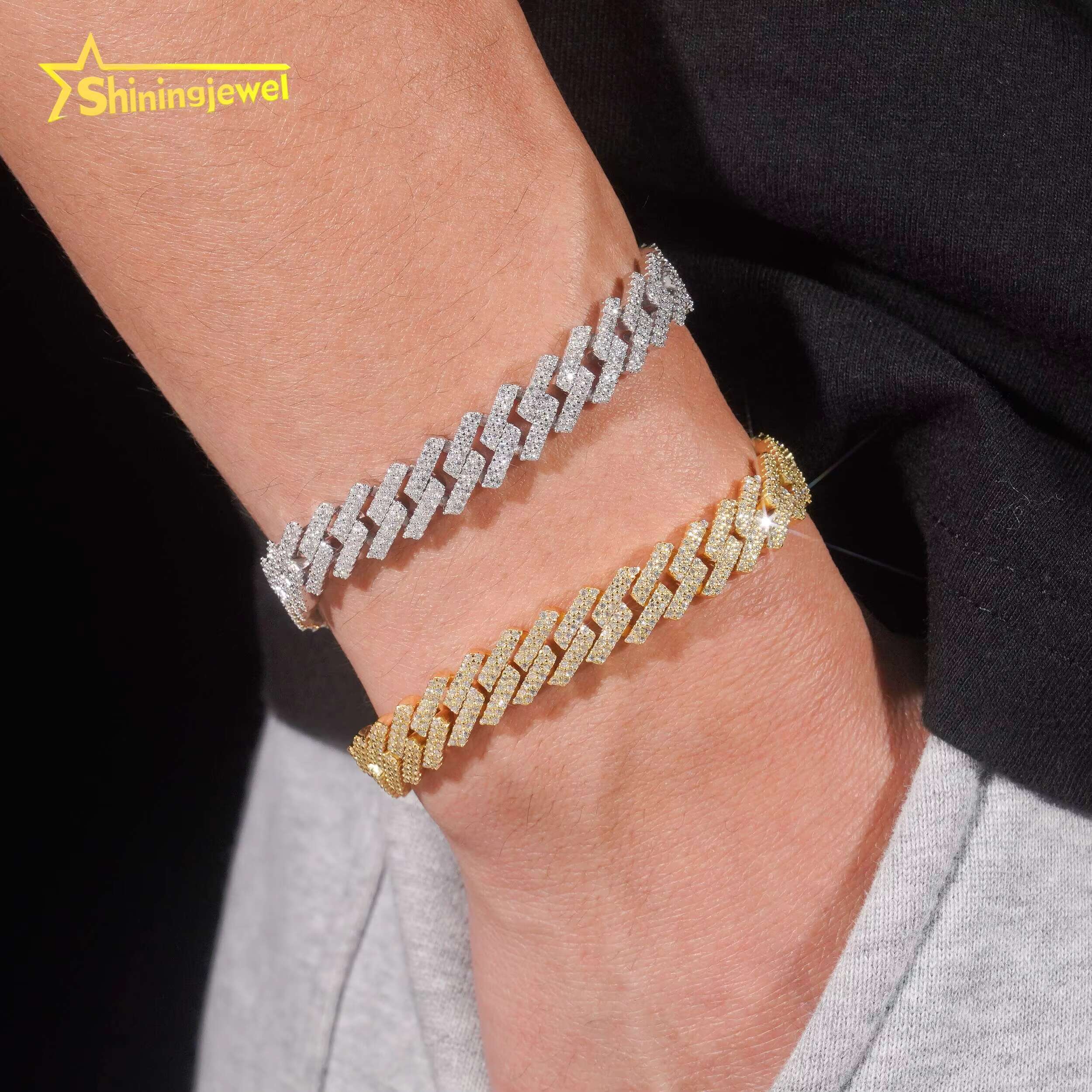 Stocks 10MM Rapper Bracelet 925 Sterling Silver Gold Plated Hip Hop Jewelry VVS D Color Moissanite Cuban Link Bracelet